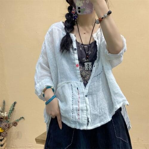 Johnature Women Vintage Shirts Ramie O-Neck Quarter Sleeve Color Button Blouse 2021 Summer New Solid Color Loose Casual Shirts