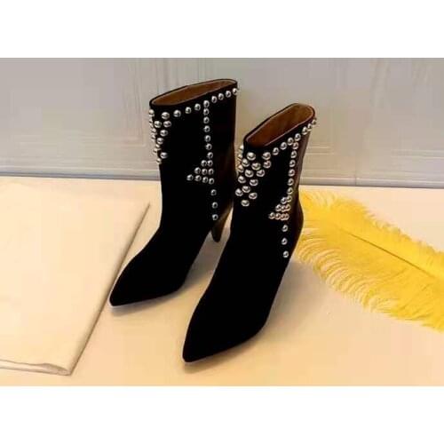 Womens Shoes Paris Layo Boots Black Suede Silver-tone Studs Pointed Toe Heel 10.5 Cm Calfskin Leather