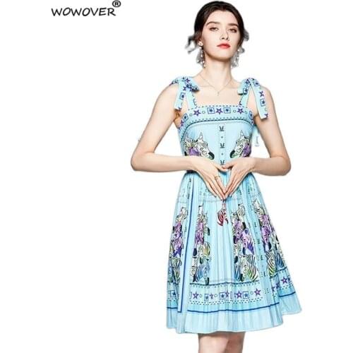 Fashion Summer Sundress Runway Designer Women Sleeveless Bow Tie Spaghetti Strap Beach Holiday Dress Backless Sexy Pleated Robe