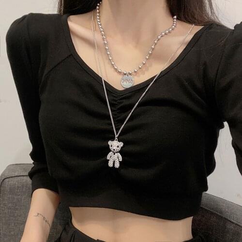 Hip Hop Style Fashion Women Double Layer Necklace Lovely Bear Titanium Steel Jewelry Long Necklaces 2021 New