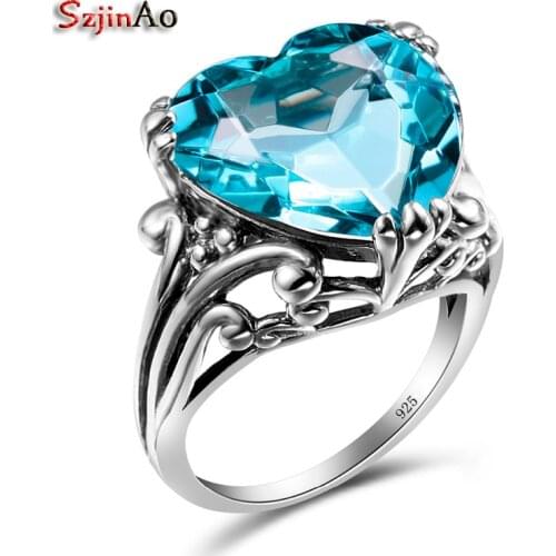 Szjinao Boho Aquamarine Finger Ring Aquamarine Love Heart of Ocean Vintage Rings For Women Gift 925 sterling-silver-jewelry Sale