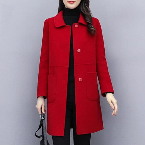 Autumn Women Faux Wool Coat Long Sleeve Single Breasted Fashion Turn Down Female Blends Causal Loose Winter Thicken Outwear 2021