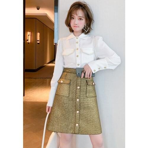 Gold thread embroidered hook collar symmetrical pocket single breasted shirt womens winter new High Quality Top Quality