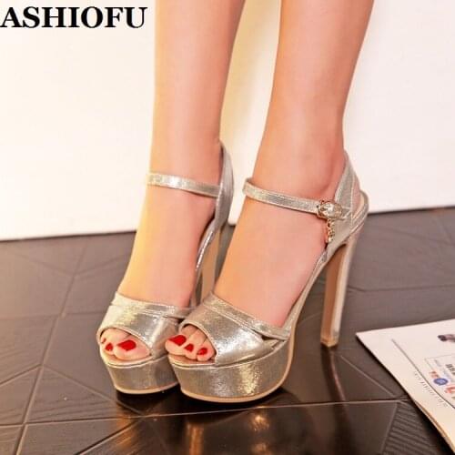 ASHIOFU New Arrival Ladies High Heels Sandals Ankle Strap Peep-toe Sexy Platform Party Prom Shoes Large Size Fashion Sandals