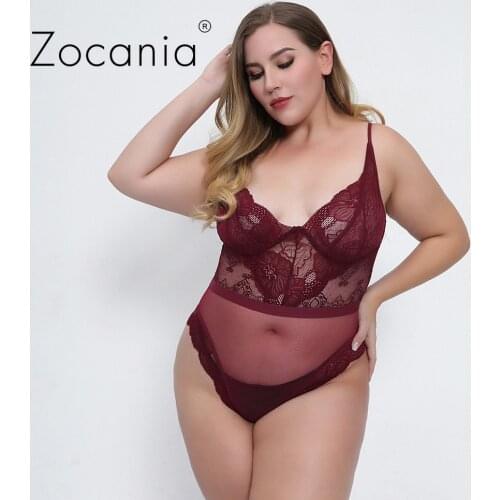 Plus Size 4XL Womens Mesh Bodysuit See Through Solid White Jumpsuit Deep V-Neck Sexy Lingerie Oversize Underwear Body Femme