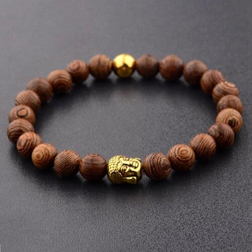 8mm Buddha Wood Beads Women Gold Strand Bracelets Charm Meditation Silver Color Charm Lucky Bracelet Men