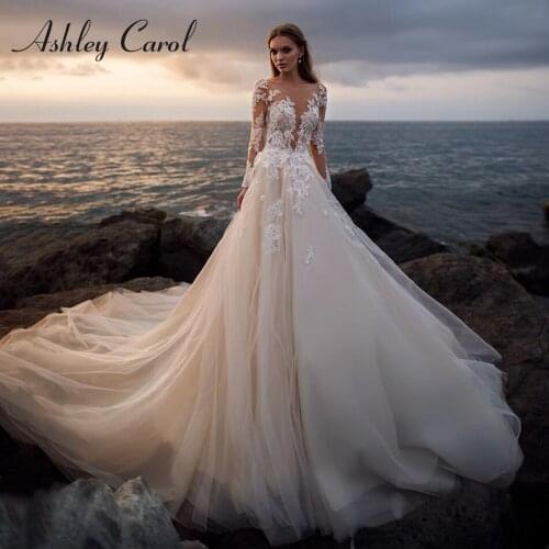 Ashley Carol Long Sleeve Wedding Dress 2021 Romantic Beaded Appliques Illusion Scoop Beach A-Line Bride Dresses Vestido De Noiva