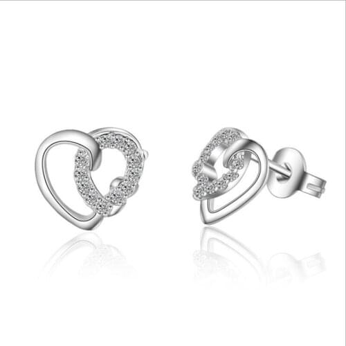 KOFSAC New 925 Silver Stud Earrings For Women Shiny CZ Temperament Love Heart Interweave Earring Jewelry Valentines Day Gifts