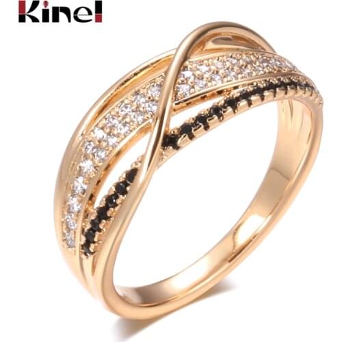 Kinel Hot Natural Zircon Wave Ring 585 Rose Gold Fine Hollow Ethnic Wedding Rings for Women Beach Party Vintage Jewelry 2021 New