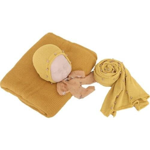 Newborn Stretch Knit Wrap Hat And Backdrop Set Photography Props Jersey Swaddle Pearl Wrap Basket Filler Cute Soft Prop Bonnet