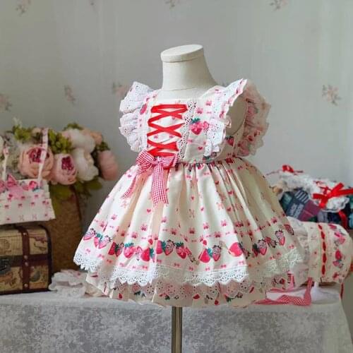3PCS Summer Lolita Sweet Strawberry Lace Vintage Princess Sleeveless Bow Ball Gown Dress For Baby Girls Birthday Party Easter
