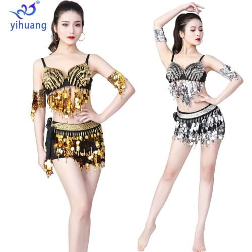 Sexy Sequin Performance Wear Costumes Belly Dancing Costumes Set Halloween Bollywood Carnival Outfits Festival Dress 4pcs Set