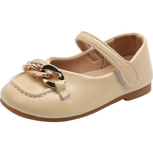 Girls' Leather Shoes 2021 Autumn New Childrens Soft-soled All-match Princess Shoes Fashion Flats Metal Button for Wedding Chic