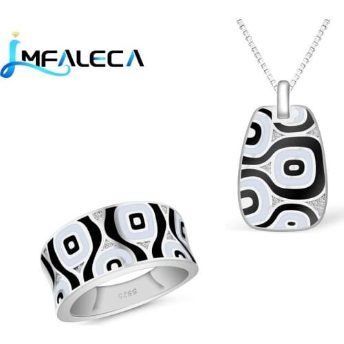 LMFALECA 925 Silver Jewelry Ring Necklace Set for Women White Black Enamel Totem Charm Pendant Box Chain Fine Jewellry
