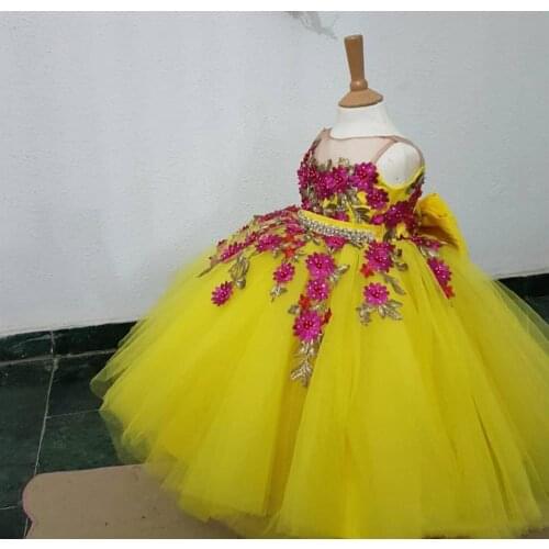 Custom Cute Yellow Flower Girl Dresses for Wedding Lace 3D Floral Applique Girls Pageant Dress Ball Gown Birthday Party Dress
