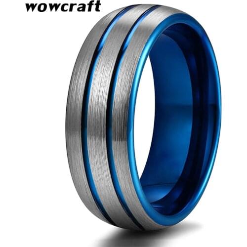 Men 8mm Tungsten Carbide Wedding Band Rings Blue Plated Fashion Ring Dome Edges Top Brush Finish Comfort Fit Personal Customize