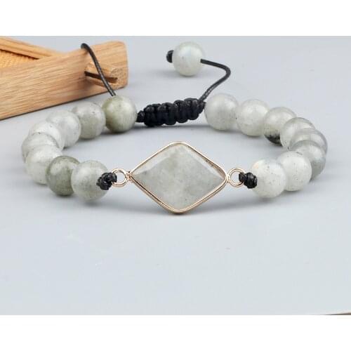 New Couple Bangles 8MM Natural Round Flash Stone Bracelet Oval Rhombus Pendant Handmade Braided Bracelet Jewelry Gift for Women