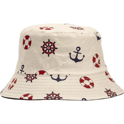 Spring Summer Cartoon Anchor Boat Print Bucket Hat Women Men Stripe Panama Gorro Unisex Outdoor Cute Sun Hat