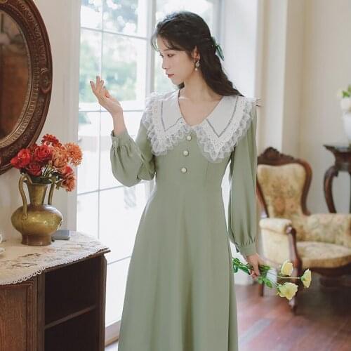 Girl Lace Ruffle Sweet Cute Doll Collar Kawaii Dress Femme Fall Long Sleeve Gentle Mori Green French Elegant Party Dress Vestido
