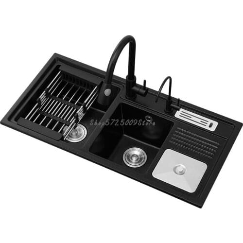 German Multi-function Granite Quartz Stone Sink, Three Tanks With Trash Can, Knife Holder, Kitchen Washing Dishes, Double Tank S