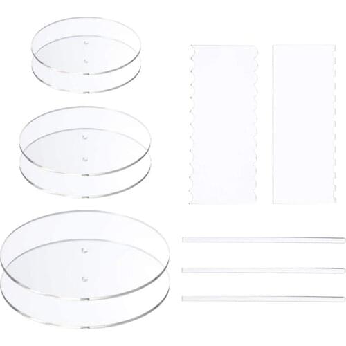 Practical Acrylic Round Cake Disk Set - Cake Discs Circle Base Boards with Center Hole - 2 Comb Scrapers (4 Patterns) & Dowel Ro