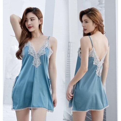 Spring Summer Silk Like Sexy Lace Nightdress Slits Sling Womens Nightgown V-neck Nightwear Thin Home Clothes Sleepwear