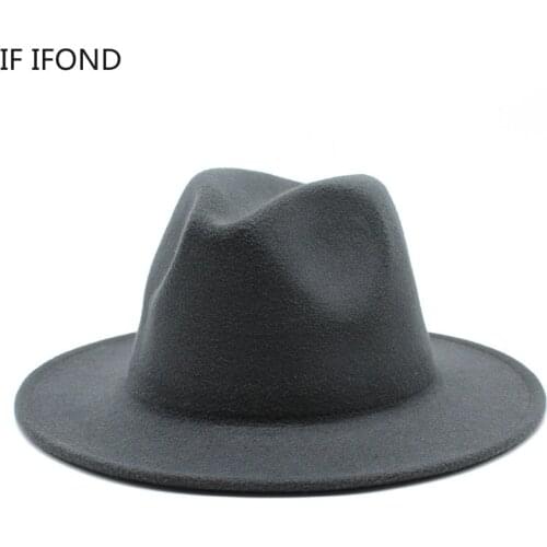 61CM All-match Autumn Winter Wide Brim Fedora Hat Solid Color Wool Felt Hat For Men Panama Party Trilby church hats