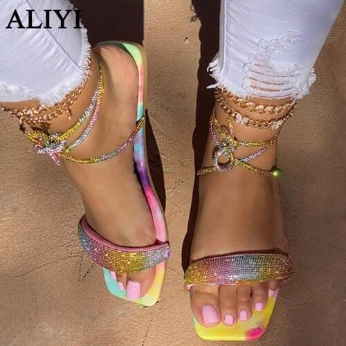 Womens Fashion Sandals With Bowknot 2021 Summer Square Toe Multi Color Ladies Crystal Dress Shoes Office Party Flat Feetwear