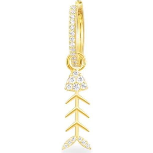 SLJELY 1PC S925 Sterling Silver Yellow Gold Color Mono Fishbone Earring Women Fashion Fish Skeleton Cubic Zirconia Eye Jewelry