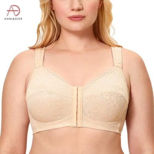 Womens Front Closure Posture Wirefree X-shapeBack Support Lace Bra Non-padded