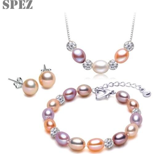 Fashion 925 Sterling Silver Pearl Jewelry Sets Natural Freshwater Pearl Diamond Necklace Chain Bracelet Stud Earrings For Women