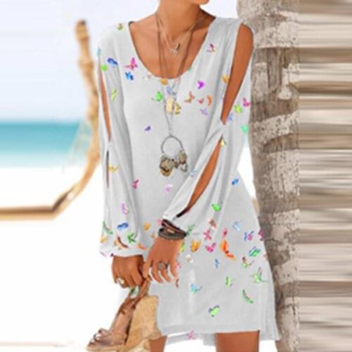 2021 Spring Long Sleeve Hollow Out Dresses Vintage Butterfly Print Summer Beach Dress Women Elegant Round Neck Loose Mini Dress