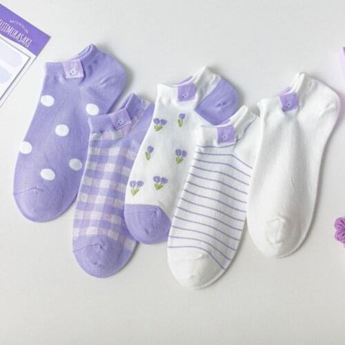 5 Pairs Pack Women Socks Set Japanese Fashion Cartoon Blue Dot Stripe Rabbit Cloth Label Sweet Cute Cotton Short Meias Mulher