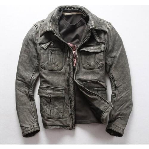 AVFLY mens vintage genuine leather jacket with pockets do old cow leather biker jacket men gray M65 motorcycle jacket male