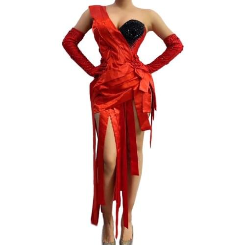 Shining Black Rhinestones V-Neck Women Bodysuit Crystal Gloves One Shoulder Red Tassel Tight Jumpsuit Singer Dance Stage Wear