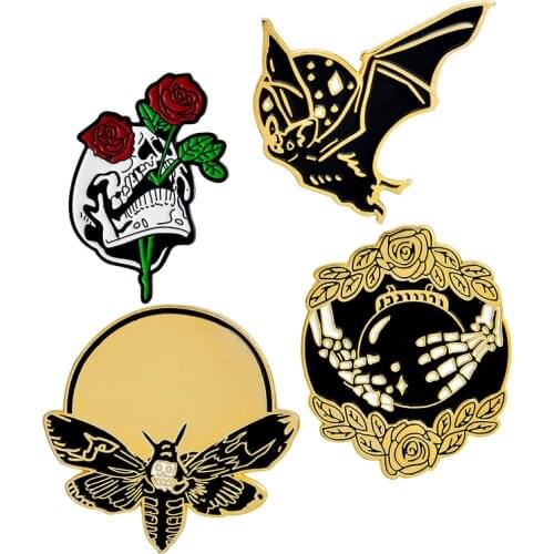 Hand with crystal glasses Skull head with roses Bat Bee Punk pins Badges Hard enamel lapel pins Brooches Gothic jewelry