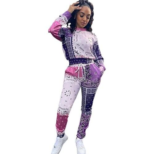 Pant Suits Two Piece Set Women Pullover Tops And Trouser Outfits Autumn New Paisley Print Splice Streetwear Casual Tracksuit Set