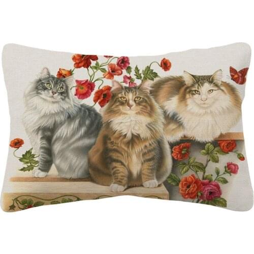 Three Cats And Roses Flower Cushion Cover Home Decorative Linen Lumbar Pillow Case