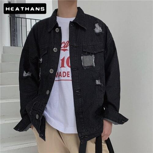 Spring Autumn Hole Denim Jacket Male Loose Black Handsome Jacket Men Youth Harajuku Casual Jean Jacket Men Korean Patchwork Tops