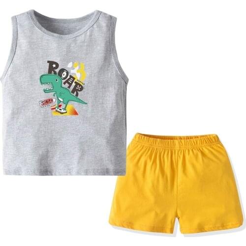 Yocute KidsClothes Childrens Short Sleeve Suit Baby Boys' Grey Dinosaur Vest Shorts Casual 2 PCS Set Cotton Fashion Boy Wear