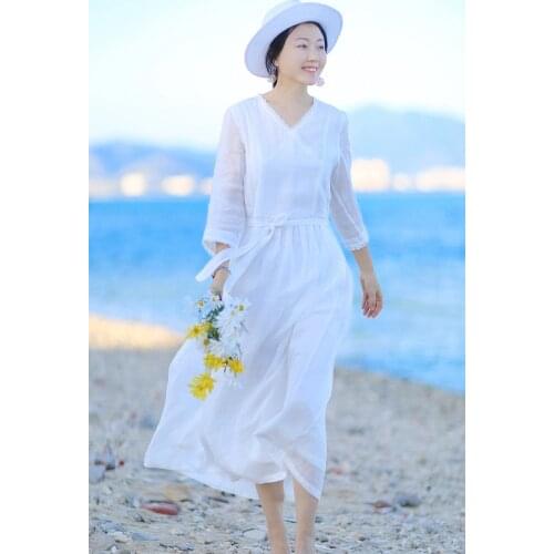 Cotton womens clothing 2020 summer new white ramie V-neck literature and art 3 / 4 sleeve dress robe double layer impermeable