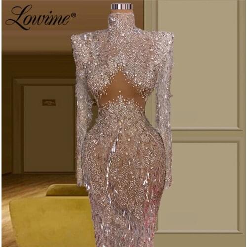 Lowime Illusion Evening Dresses Saudi Arabic Beading Sequins Prom Party Gowns Long Turkish Dubai Women Formal Dress Celebrity