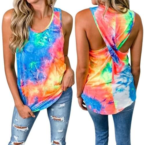 Womens Tie-Dye Color Tank Tops Round Neck Casual Sleeveless Shirt Basic Asymmetric Sports Fitness Running Breathable Top