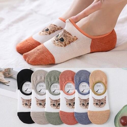 Kawaii Women Short Socks Cotton Non Slip Ladies Cute Cartoon Cat Invisible Mesh No Show Boat Sock Slippers Summer Low Cut Animal