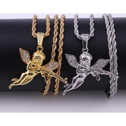 Trendy Alloy Boy Cherub Wings Pendant Necklace ​Shoot Cupid Love God Hip-hop Charm Collar Long Chain Gold Color Necklace Gift