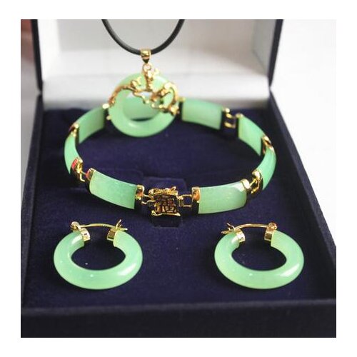 New! womans noblest green jade dragon pendant & earring bracelet jewelry set