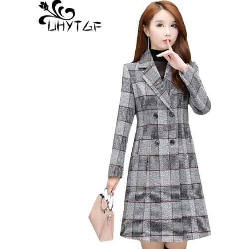 UHYTGF New plaid wool coat women Double-breasted casual autumn winter coat female lapel elegant 4XL plus size jacket quality 535