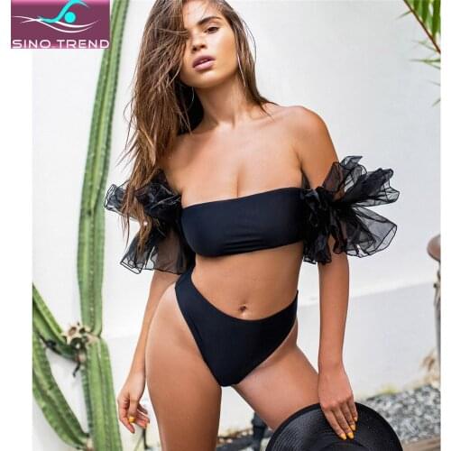 Sexy Off-shoulder High Waist Bikini Set Female Plain Swimsuit Women Bandeau Swimwear Two-Pieces Bather Bathing Suit Swim Wear