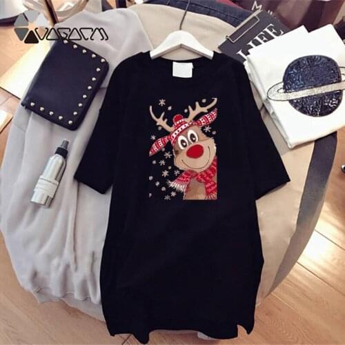 Kawaii Reindeer Print Women Pajamas Cartoon Christmas Home T-Shirt Dresses Short Sleeve Harajuku Loose Nightgown