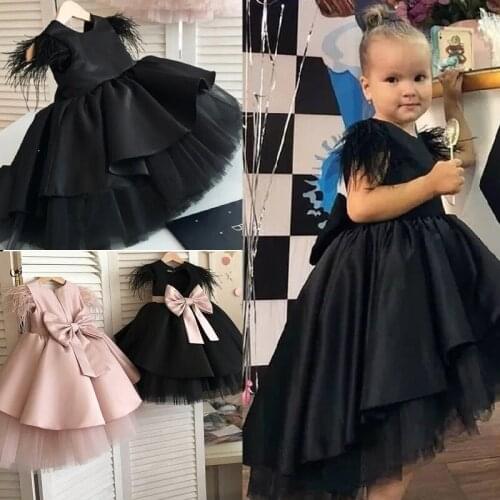 Puffy Pink Satin Bow Flower Girl Dresses Kids Hi-Lo Cap Feather Sleeves Communion Ball Gown Princess Dream Girl Dresses